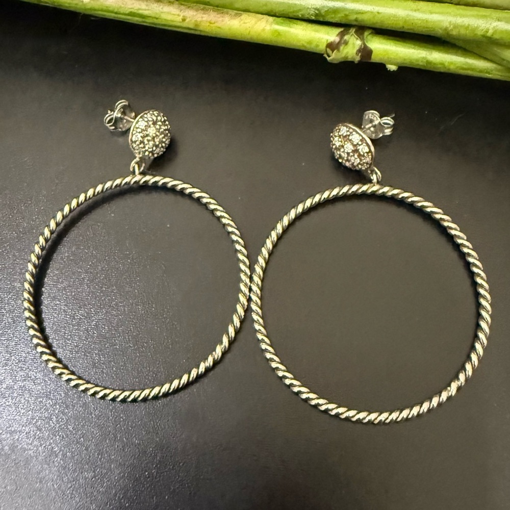 FAS 925 Sterling Silver Pave Crystal Round Hoop Earrings 5g.